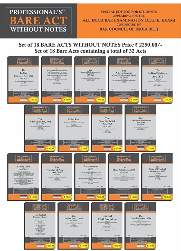 All India Bar Examination Books Without Notes As Per Bar Council Of India Guidelines {Set Of 18 Bare Acts} (Covering 32 Acts)